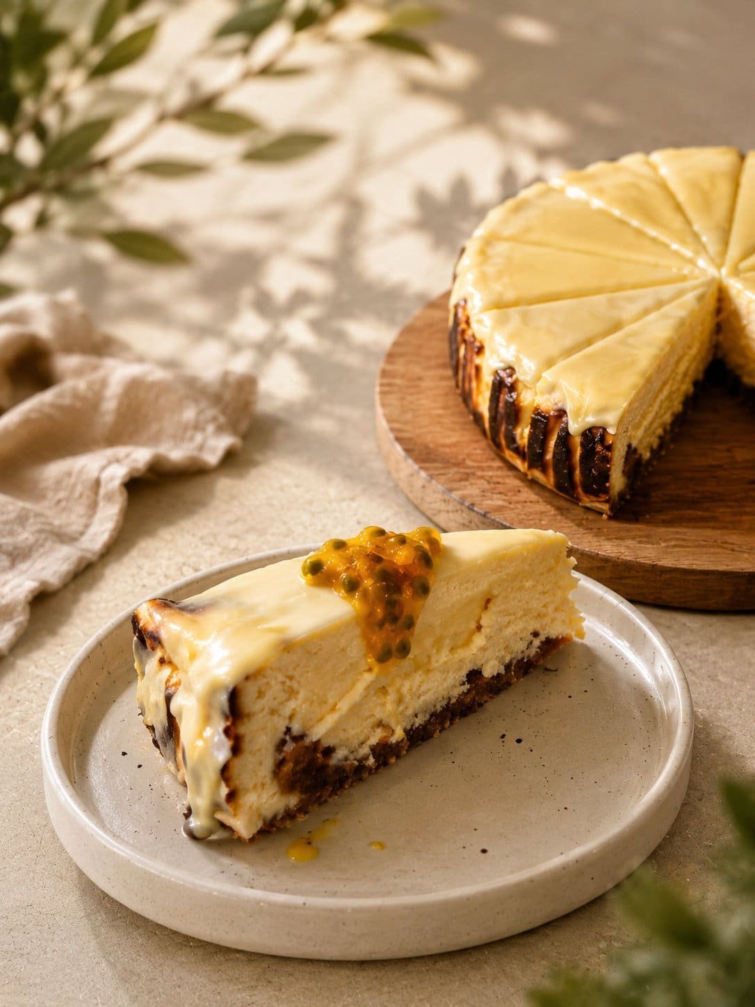 Slice of baked cheesecake with passion fruit at Arcana restaurant