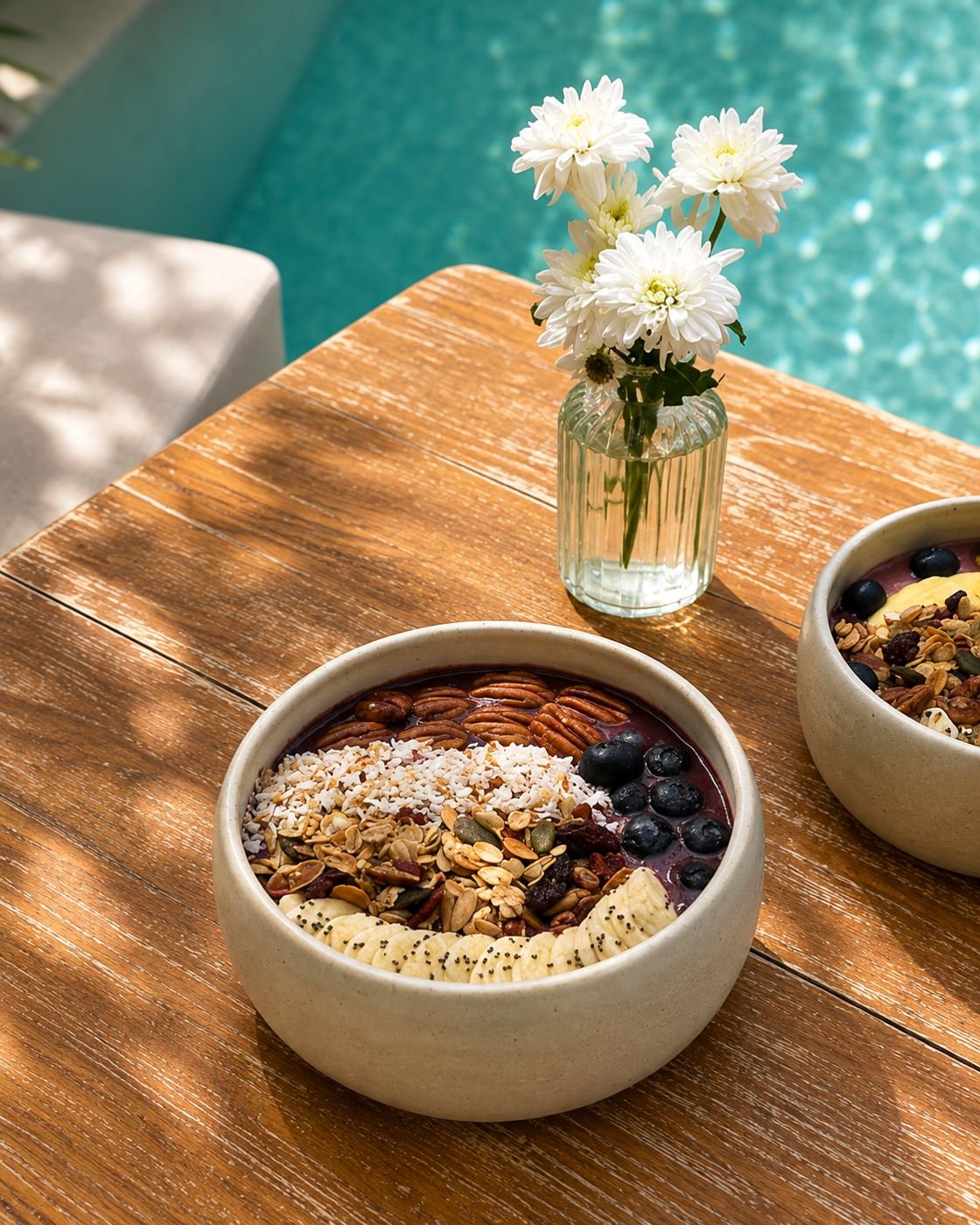 Breakfast bowls and fresh flowers on a wooden table beside the pool at Arcana restaurant