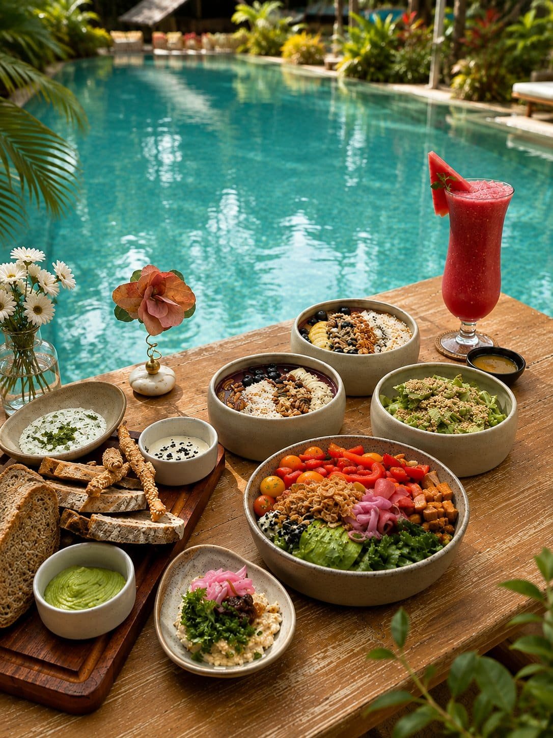 Healthy bowls, fresh bread and a watermelon drink on a table by the pool at Arcana restaurant